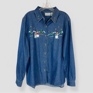 VTG Basic Editions Embroidered Denim Shirt Holiday Size Large Snowman Christmas